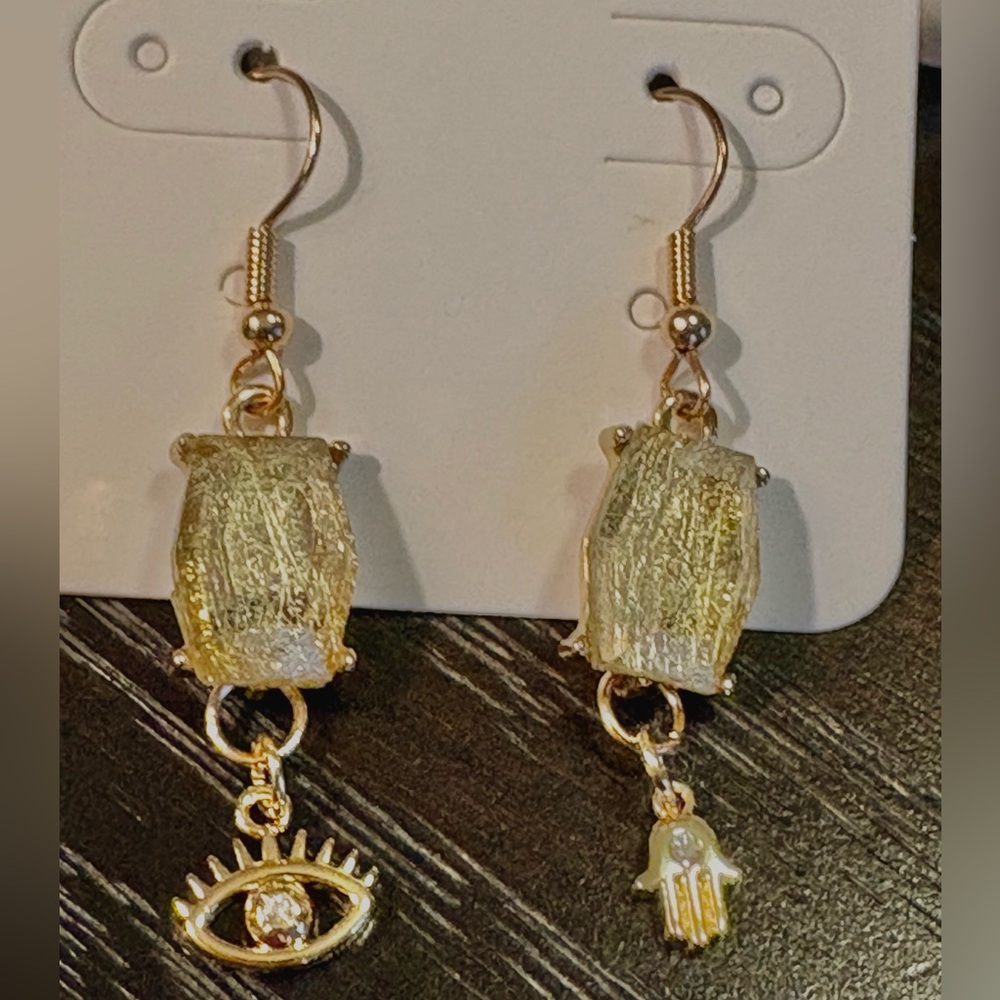 HANDMADE Gold Dangle Earrings with Eye and Hand Charms